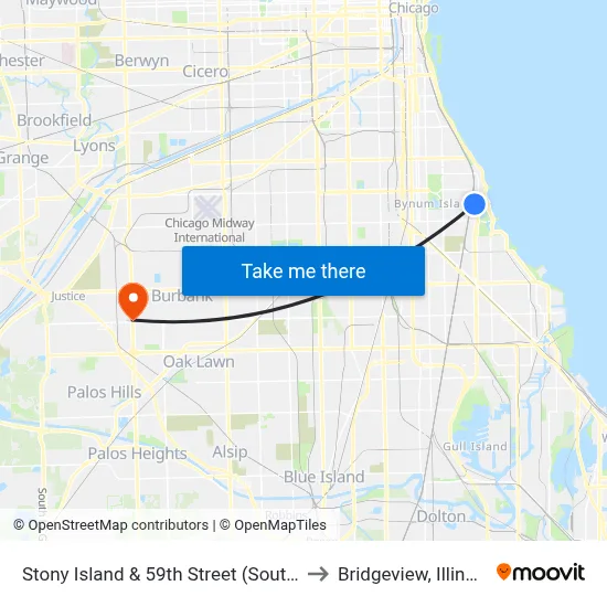 Stony Island & 59th Street (South) to Bridgeview, Illinois map