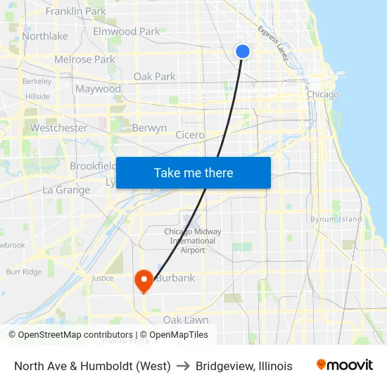 North Ave & Humboldt (West) to Bridgeview, Illinois map