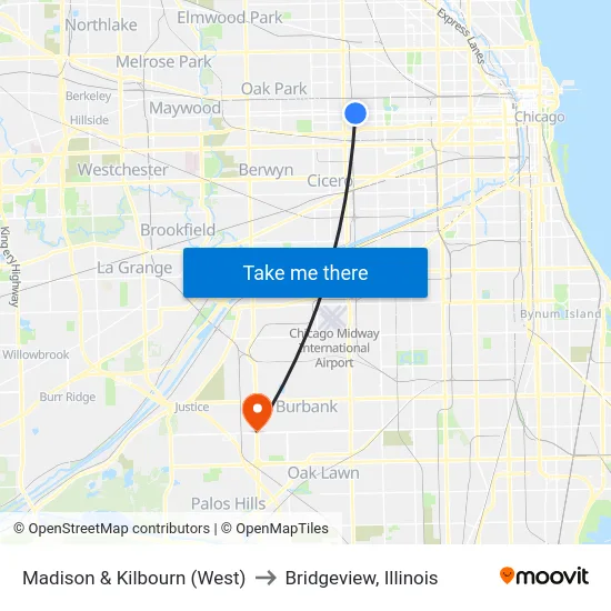 Madison & Kilbourn (West) to Bridgeview, Illinois map