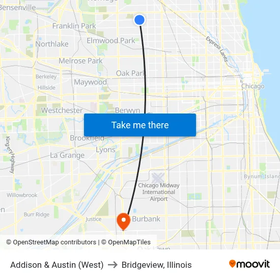 Addison & Austin (West) to Bridgeview, Illinois map