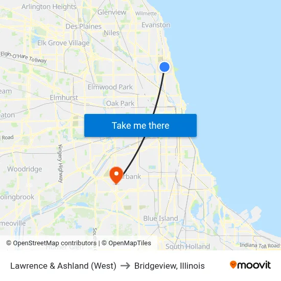 Lawrence & Ashland (West) to Bridgeview, Illinois map