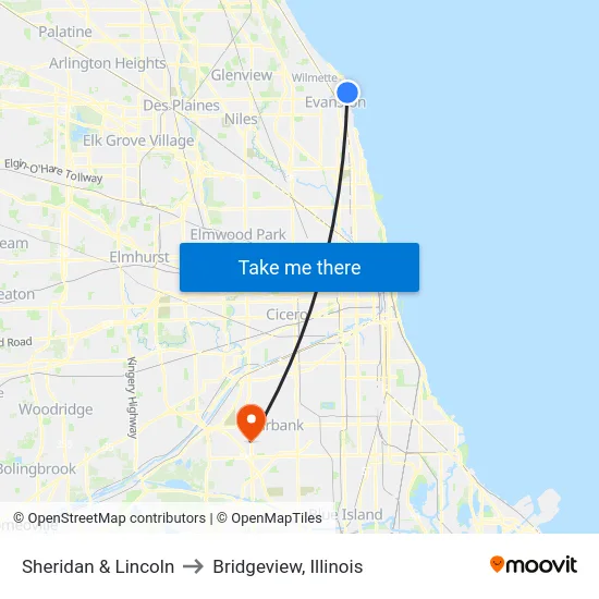 Sheridan & Lincoln to Bridgeview, Illinois map