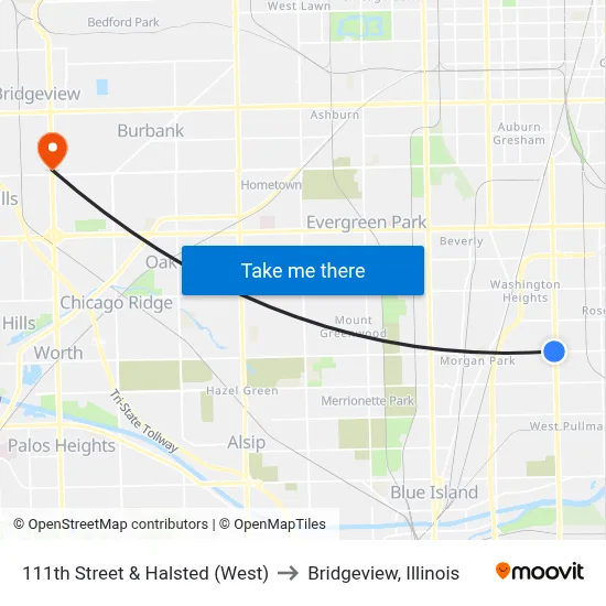 111th Street & Halsted (West) to Bridgeview, Illinois map