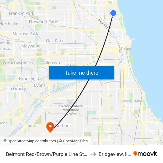 Belmont Red/Brown/Purple Line Station (East) to Bridgeview, Illinois map