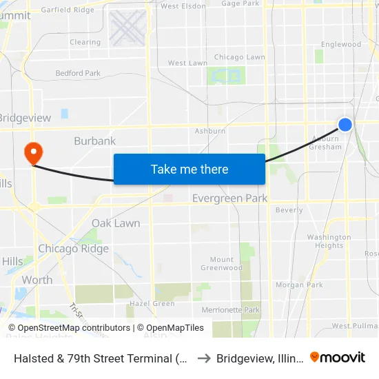 Halsted & 79th Street Terminal (East) to Bridgeview, Illinois map