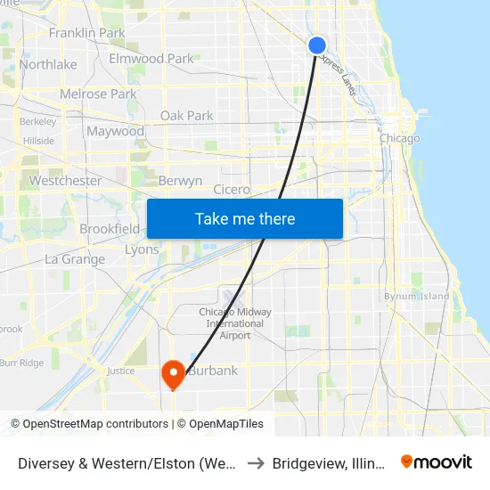 Diversey & Western/Elston (West) to Bridgeview, Illinois map
