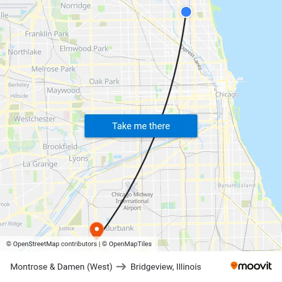 Montrose & Damen (West) to Bridgeview, Illinois map