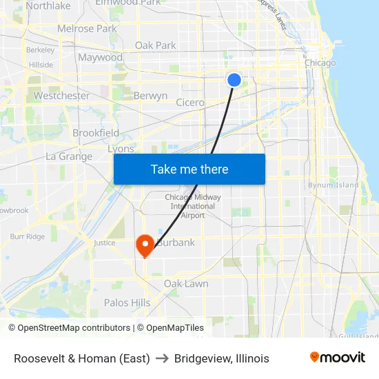 Roosevelt & Homan (East) to Bridgeview, Illinois map