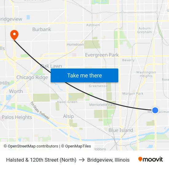 Halsted & 120th Street (North) to Bridgeview, Illinois map