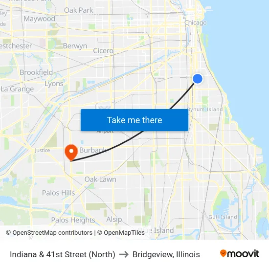 Indiana & 41st Street (North) to Bridgeview, Illinois map