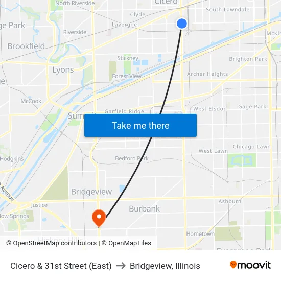 Cicero & 31st Street (East) to Bridgeview, Illinois map