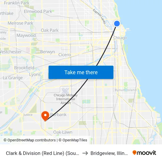 Clark & Division (Red Line) (South) to Bridgeview, Illinois map
