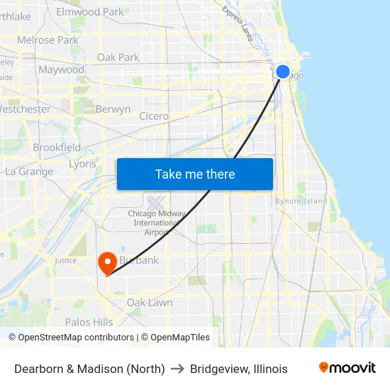 Dearborn & Madison (North) to Bridgeview, Illinois map