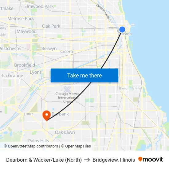 Dearborn & Wacker/Lake (North) to Bridgeview, Illinois map