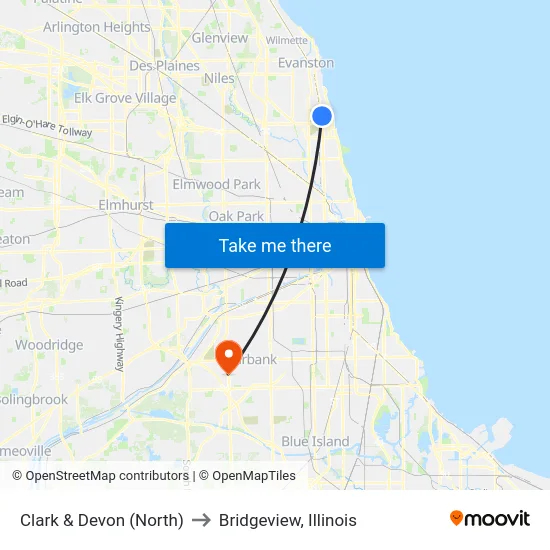 Clark & Devon (North) to Bridgeview, Illinois map