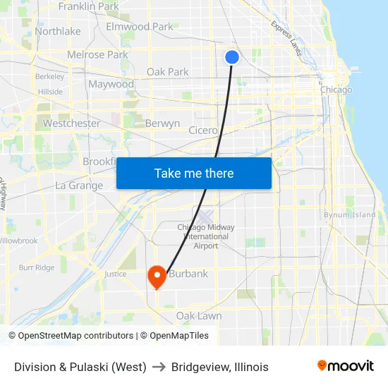 Division & Pulaski (West) to Bridgeview, Illinois map