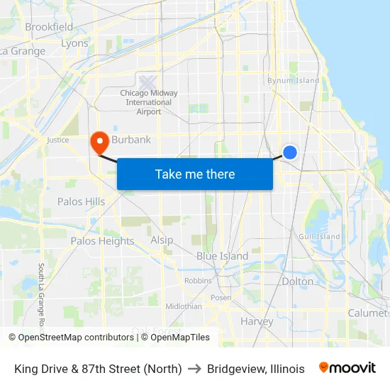 King Drive & 87th Street (North) to Bridgeview, Illinois map