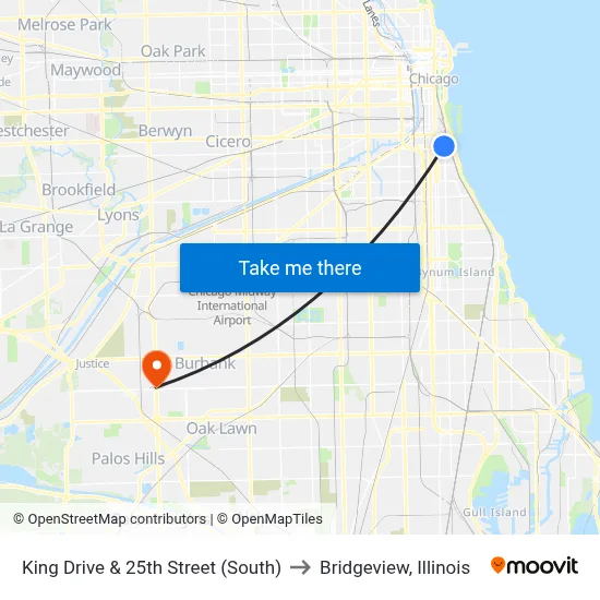 King Drive & 25th Street (South) to Bridgeview, Illinois map