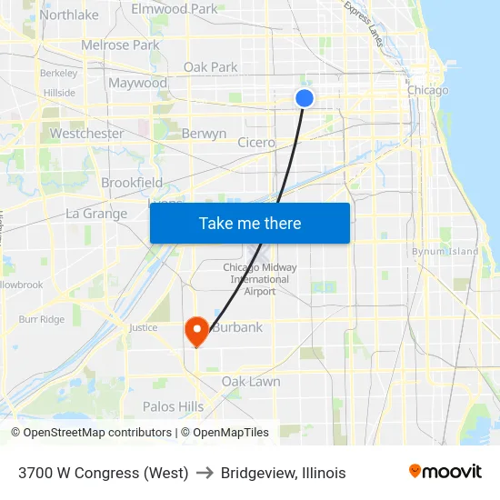 3700 W Congress (West) to Bridgeview, Illinois map
