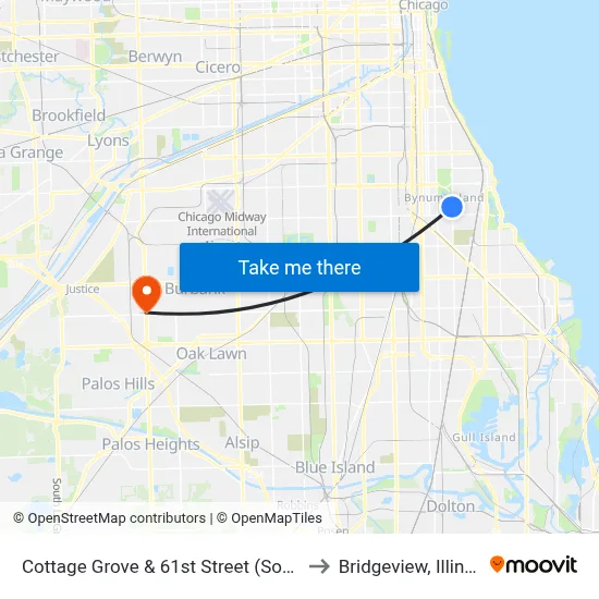 Cottage Grove & 61st Street (South) to Bridgeview, Illinois map