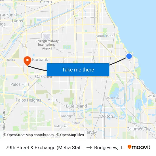79th Street & Exchange (Metra Station) (West) to Bridgeview, Illinois map