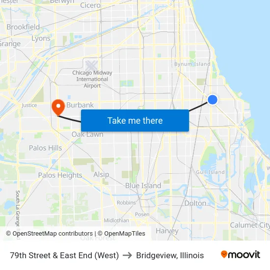79th Street & East End (West) to Bridgeview, Illinois map