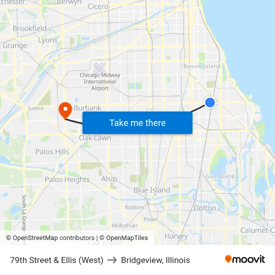 79th Street & Ellis (West) to Bridgeview, Illinois map