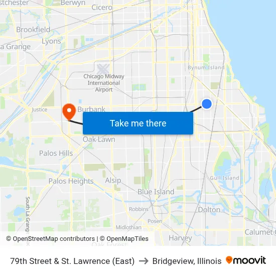 79th Street & St. Lawrence (East) to Bridgeview, Illinois map