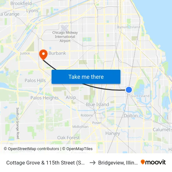 Cottage Grove & 115th Street (South) to Bridgeview, Illinois map