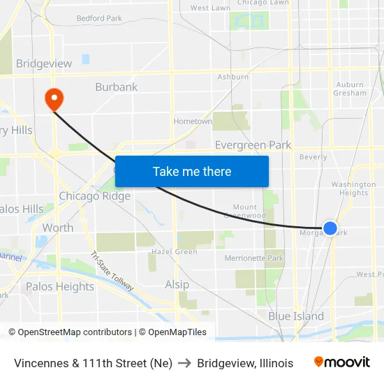 Vincennes & 111th Street (Ne) to Bridgeview, Illinois map