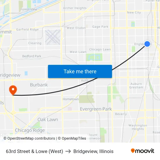63rd Street & Lowe (West) to Bridgeview, Illinois map