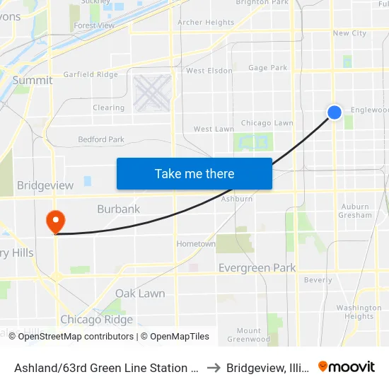 Ashland/63rd Green Line Station (West) to Bridgeview, Illinois map