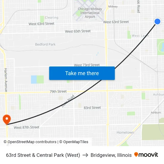 63rd Street & Central Park (West) to Bridgeview, Illinois map