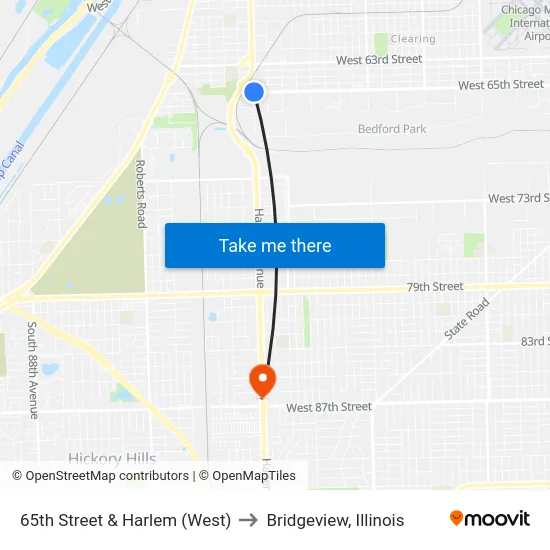 65th Street & Harlem (West) to Bridgeview, Illinois map