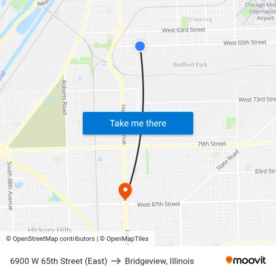 6900 W 65th Street (East) to Bridgeview, Illinois map