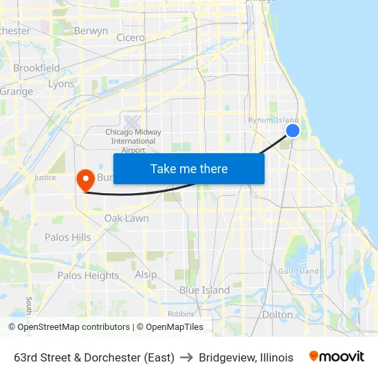 63rd Street & Dorchester (East) to Bridgeview, Illinois map