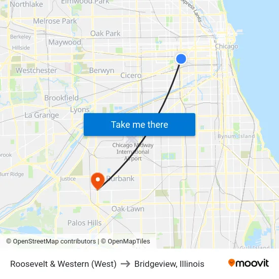 Roosevelt & Western (West) to Bridgeview, Illinois map