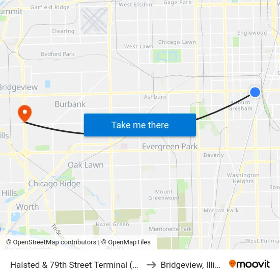 Halsted & 79th Street Terminal (West) to Bridgeview, Illinois map