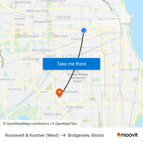 Roosevelt & Kostner (West) to Bridgeview, Illinois map