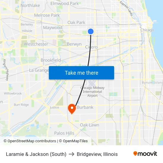 Laramie & Jackson (South) to Bridgeview, Illinois map