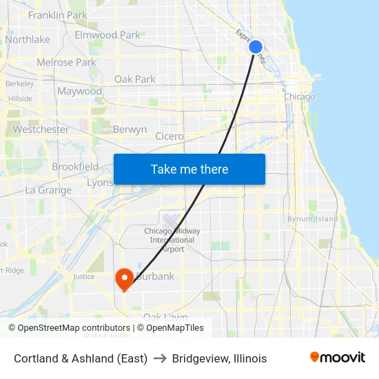Cortland & Ashland (East) to Bridgeview, Illinois map