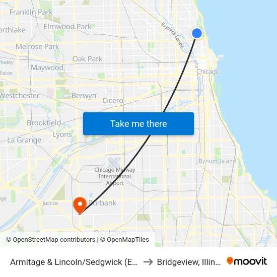Armitage & Lincoln/Sedgwick (East) to Bridgeview, Illinois map