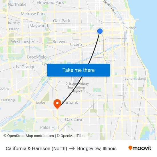 California & Harrison (North) to Bridgeview, Illinois map
