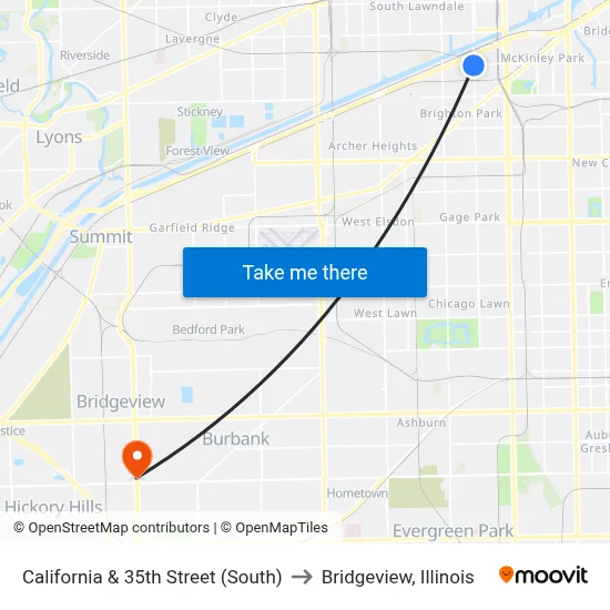 California & 35th Street (South) to Bridgeview, Illinois map
