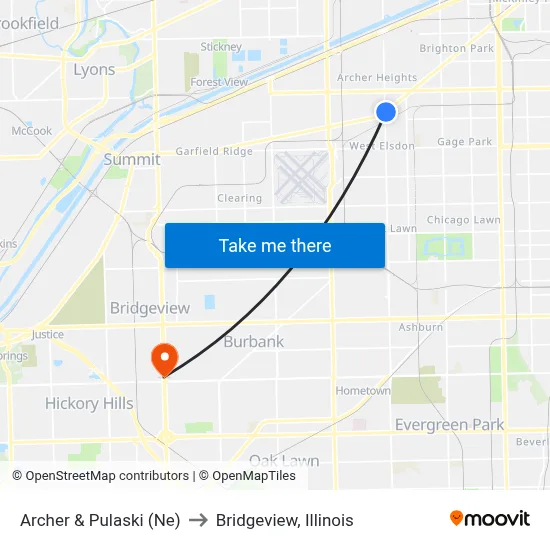 Archer & Pulaski (Ne) to Bridgeview, Illinois map