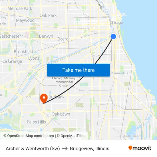 Archer & Wentworth (Sw) to Bridgeview, Illinois map