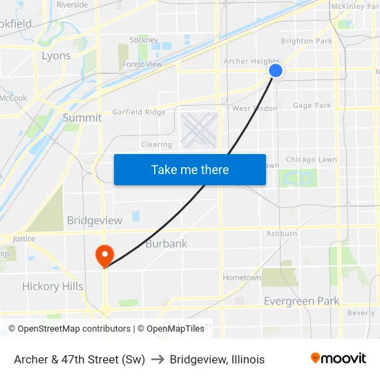 Archer & 47th Street (Sw) to Bridgeview, Illinois map