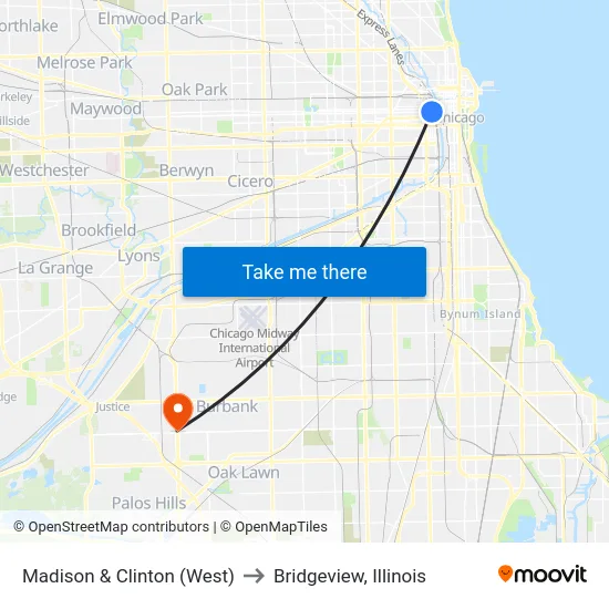 Madison & Clinton (West) to Bridgeview, Illinois map