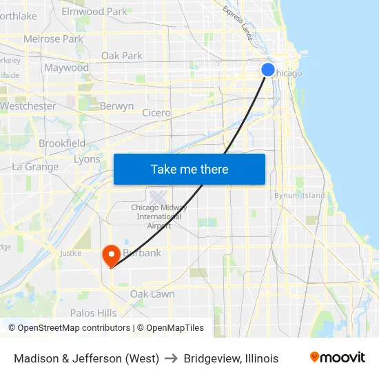Madison & Jefferson (West) to Bridgeview, Illinois map