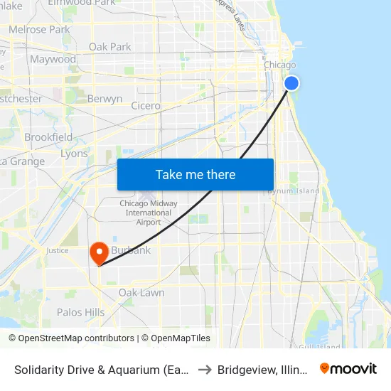 Solidarity Drive & Aquarium (East) to Bridgeview, Illinois map
